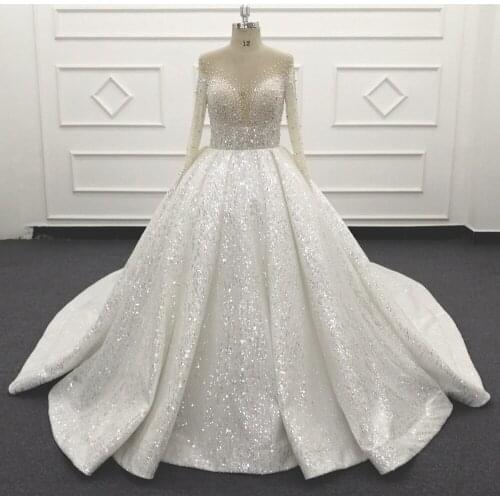 Molanda Hung 2021 Wedding Gown Bridal Dress Pearls Beads Rhinstones Lace With Sequins Long Sleeves Transparent Bodice HQ033