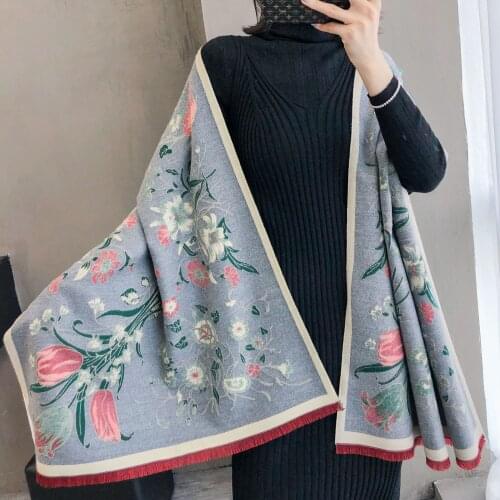 2020 New Women Scarf Elegant Floral Print Cashmere Stole Lady Thick Warm Pashmina Winter Scarves Foulard Shawls Wraps Poncho