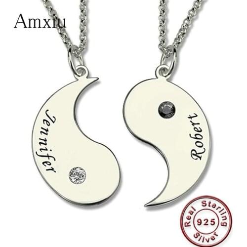 Amxiu Custom 2 Pieces 925 Sterling Silver Necklaces Engrave Two Names with Birthstone Pendant Necklace Chinese Yin Yang Pendants