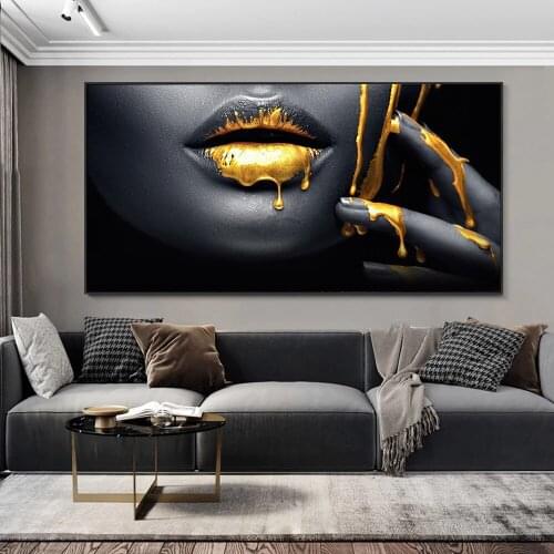 African Nude Woman Canvas Painting Gold Black Sexy Lips Posters Prints Wall Art Picture for Living Room Home Decoration Cuadros