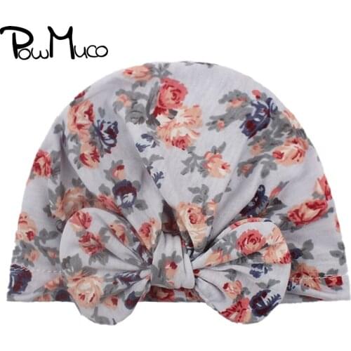Powmuco 1 PCS Vintage Flowers Pattern Bowknot Baby Girls Indian Hats Cute Print Bows Infant Beanie Caps Kids Hair Accessories