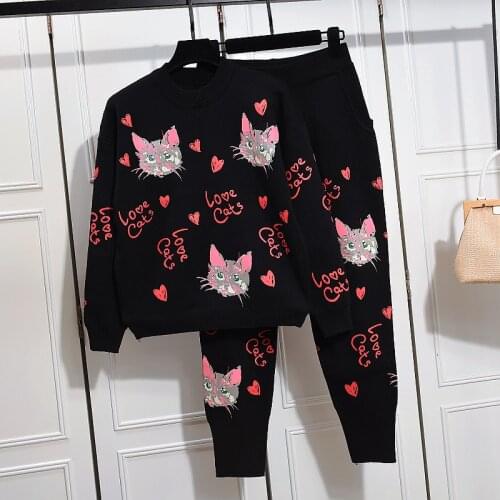 Chic knitting sets 2019 spring autumn cute cat sweaters +casual pants two piece set Womens leisure suit G065