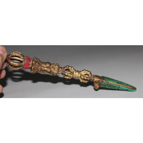 Nepal tibetano budista turquesa chapado en oro bronce dorado daga amuleto adder metal artesanía