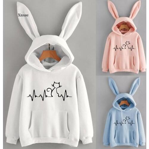 Cute Hoodies Cat Print Rabbit Ear Sweatshirt Women Spring Fall Fashion Hoodies Sweatshirts Pullover Top Blouse Clothes Tracksuit