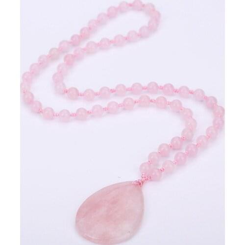 FYJS Unique Handmade Weave Water Drop Natural Rose Pink Quartz Pendant 8 mm Round Beads Chain Necklace Black Agates Jewelry