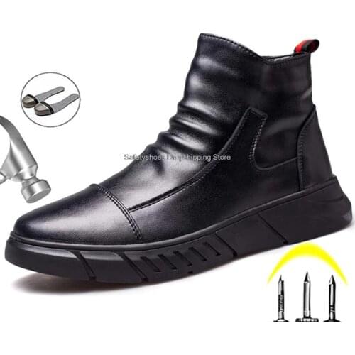 Genuine Leather Men Boots High Top Work Safety Shoes Chelsea Boots Steel Toe Anti Puncture Ankle Boots Man Working Shoes Male