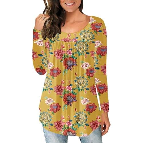 40# Boho Floral Print Blouses Women Casual Round Neck Pleated Stitching Long Sleeved Top Loose Casual Blusas Mujer De Moda 2021