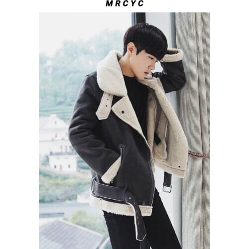 M-XXL Winter Warm Fur Collar Suede Faux Leather Jacket Mens Korean Motorcycle Casual Jacket Coat Lamb Fashion Cotton Clothing