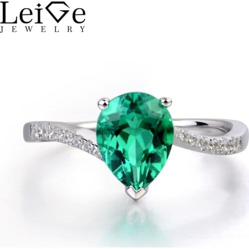 Leige Jewelry Emerald Engagement Rings for Women Pear Shaped Ring Sterling Silver 925 Fine Jewelry Green Gemstone May Birthstone