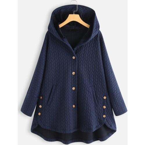 Women Thicken Fleece Coat Plus Size Casual Button Pockets High Low Long Sleeve Hooded Coat Plush Warm Jackets Overcoat @40