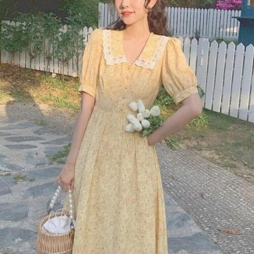 Summer Vintage Floral Dress Women Korean Elegant Sweet Cute Print Midi Dresses V-neck Lace French Holiday Cottagecore Dress