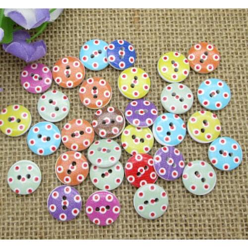 100pcs Fashion 15mm Mixed Color Round Dot Pattern Wooden Buttons For Clothes Crafts Sewing Scrapbooking DIY Accessories