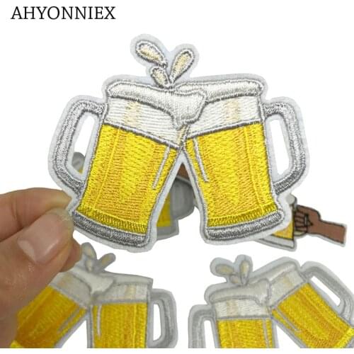 1 PCS Kawaii Beer Cup Cheers Patches Iron on Badges Stripes Fashion Clothes Appliques Sewing Embroidery Cute Stickers