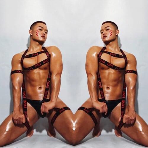 Mens dance team stage costume nightclub bar ds male bandage sexy elastic chest strap party performance