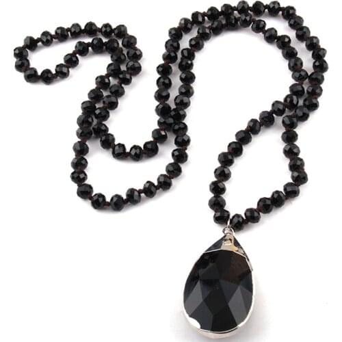 Free Shipping Fashion Bohemian Jewelry Long Knotted Black Glass Crystal Rosary Chain Glass Black Drop Pendant Necklaces