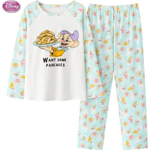 Disney Cartoon Snow White Dwarf Long Pajamas Set Lady Autumn Winter Cotton Long Sleeve Trousers Suit Printing Kawaii Pyjamas Set