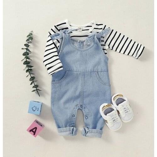 Newborn Infnat Baby Boy Girl Clothes Stripe T-shirt Pants Denim Overalls Outfit Casual Toddler Button Jumpsuit Set