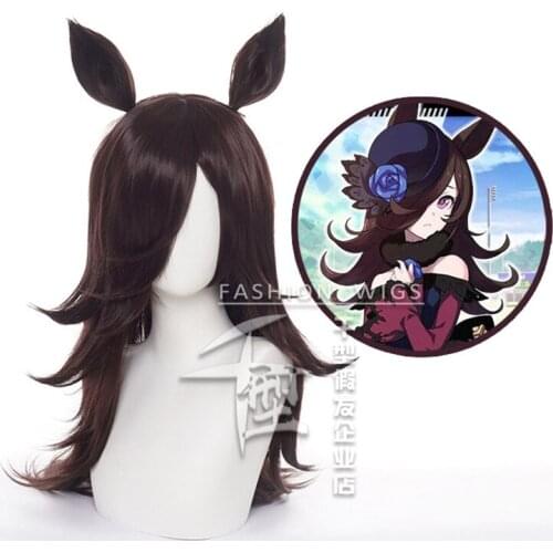 Pretty Derby Rice Shower Cosplay Wig with Ears Heat Resistant Synthetic Long Brown Wig Hair Hallowen Party Wig