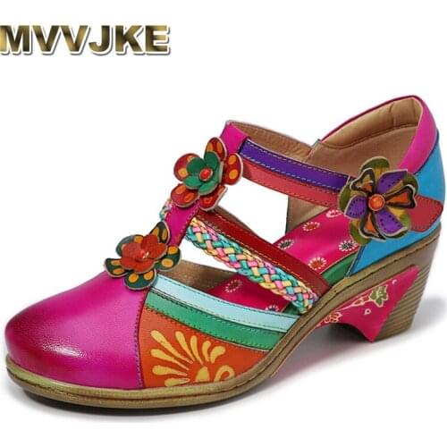 MVVJKEnew summer genuine leather casual hook and loop hand painted stitching retro flower shoes women bohemian unique ladies sho
