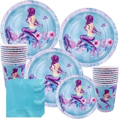 New Mermaid Themed Party Set Themed Party Mermaid Tail Balloon Baby Birthday Decoration Supplies Purple Mermaid Tableware