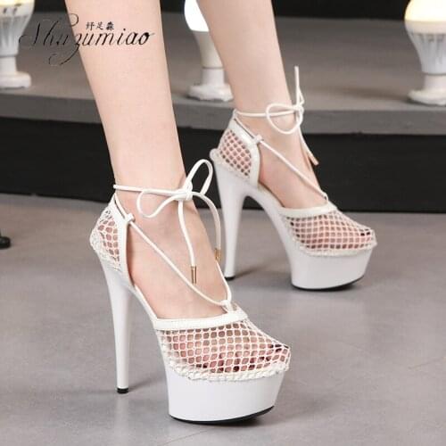 SHUZUMIAO Brand New Pumps Women Hollow Mesh Design High Heels Platform lazy Shoes 13CM/15CM Black White High-heeled Sandals