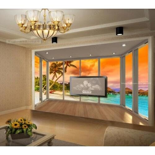 Papel de parede French windows beach sea view 3d wallpaper mural,living room bedroom wall papers home decor