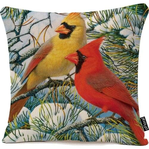 OFloral Funny Red Cardinal Bird Art 18X18 Inch Decor Soft Throw Pillow Cover Cotton Linen for Home Bed Sofa Decoration