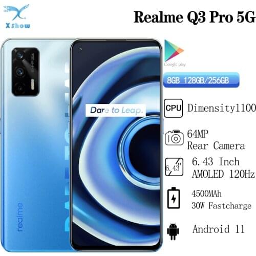 Original Realme Q3 Pro 5G Mobile Phone 6.43"AMOLED 128GB 120Hz Refresh Rate Dimensity 1100 Octa Core 30W Fast Charge 64MP OTA