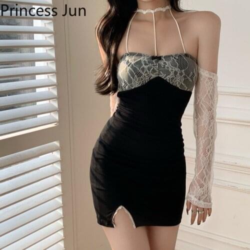 Sexy Summer Lace Choker Halter Black Purple Mini Dress Off Shoulder Lace Sleeve Slim Pencil Dress French Slash Neck Party Dress