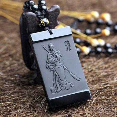 Drop Shipping Natural Black Obsidian Carving Guan Yu Pendant Necklace Mammon Guan Gong Lucky Amulet Gift For Men Jewellery