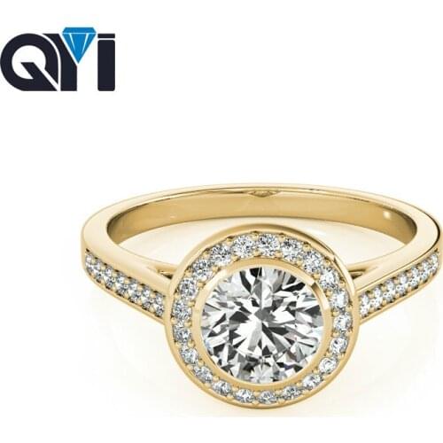 QYI 1Ct 14k Yellow gold Engagement Rings For Women Round Cut Simulated Diamond Halo Wedding Rings