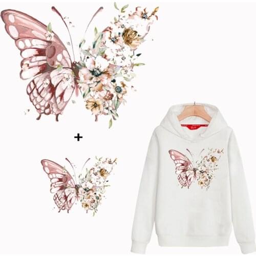 Pink butterfly with flower sticker on clothes iron on patches for clothing heat transfert thermocollants t-shirt parches ropa