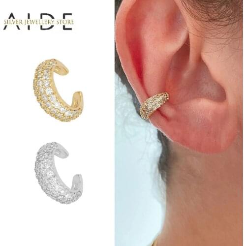 AIDE Exquisite Wide Arc Ear Cuff Fashion Geometric C Shape Zircon Pave Non Pierced Clip on Earrings Silver 925 Jewelry kolczyki