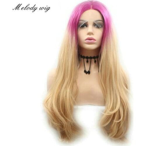 Melody Synthetic Lace Front Wigs Pink Roots Ombre Blonde Long Natural Wave Heat Resistant for Women Natural Looking Daily Wear