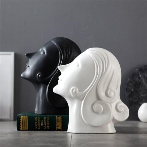 NORDIC ABSTRACT HUMAN FACE STATUE CREATIVE BLACK AND WHITE FIGURE ART SCULPTURE DECORATION CERAMIC FIGURINE HOME DECOR R4566