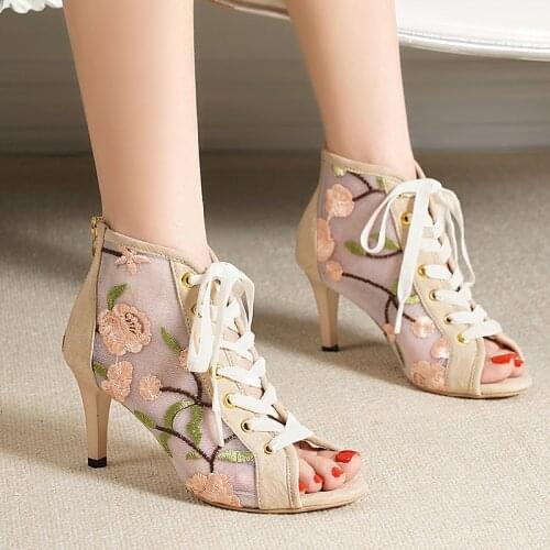 Sandals womens 2021 spring and summer new European and American lace flower straps high-heeled fish mouth hollow fashion boots