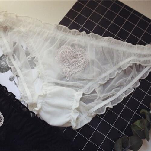 Women Underwear Heart-shaped Embroidery Lace Transparent Panties Female Sexy Briefs Large Size Mid-waist Briefs