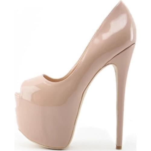 Nude Patent Leather High Heeled Pumps Women Shoes Spring Autumn Peep Toe Dress Shoes 16CM High Platform Slip-on Shoes Big Size