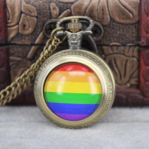 Vintage Pocket Watch Pendant Necklace LGBT Jewelry Black Bronze Mater Bijoux Rainbow Collares Long Chain Women Men Choker Gifts