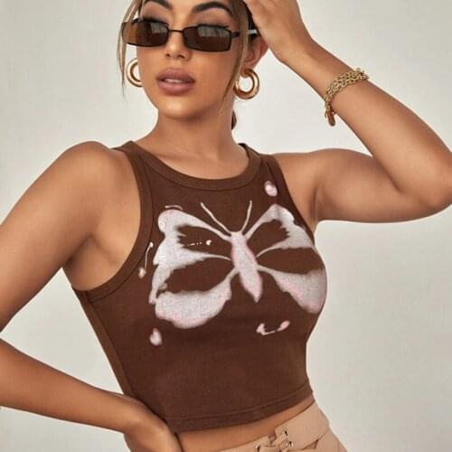 Y2K Womens Basic Tank Short Tops Sleeveless Round Neck Butterfly Graphic Slim Fit Crop Tops for Summer