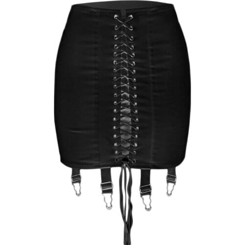 Women High Waist Criss-Cross Lace-Up Front Bodycon Mini Pencil Skirt with Garter Belt Harajuku Solid Color Pleated Package Y1AC