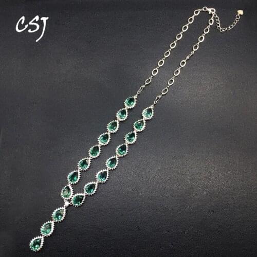 CSJ Fine Jewelry Green Crystal Necklace noble good Pear6*8mm Pendant Sterling 925 Silver For Women Lady Gift box