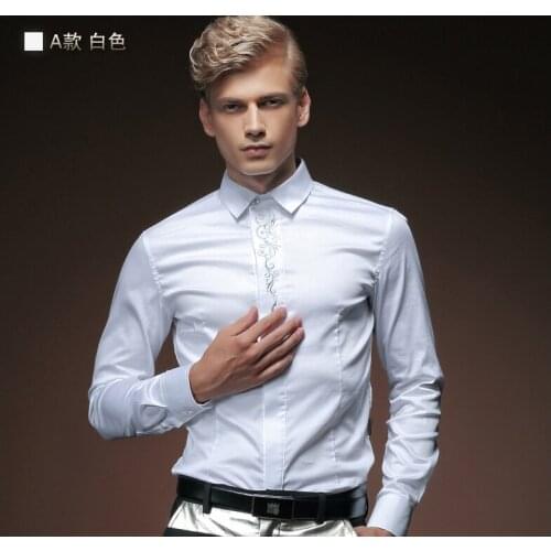Fanzhuan 512013 Free shipping New Spring male long-sleeve shirt solid color slim embroidery flower mens bamboo fibre plus size