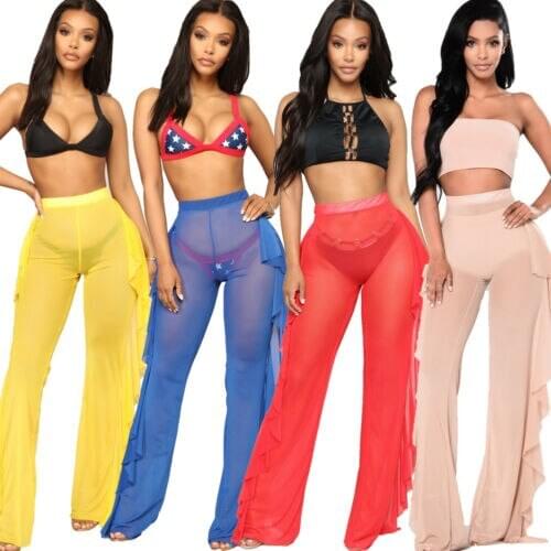 Hot Sale Women High Waist See Through Flared Leg Mesh Summer Beach Long Pants Trouser