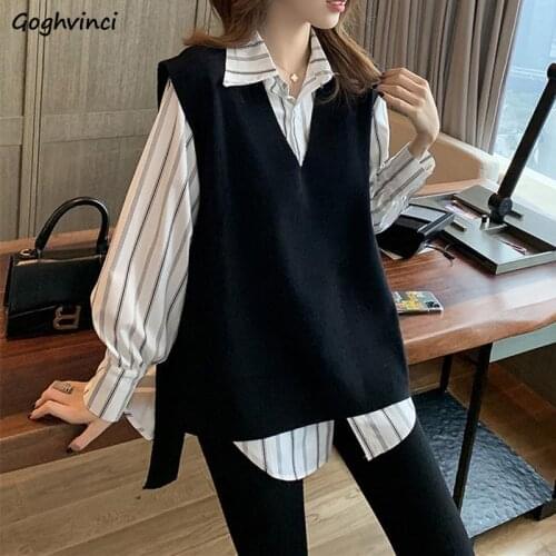 Sets Women 2 Pieces All-match Sweater Vest Striped Tops Ulzzang College Retro Fashion Streetwear Mujer Ins Outfits Autumn New
