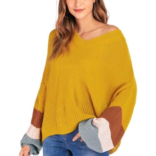 Womens Chunky Off Shoulder Loose Jumper V Neck Long Lantern Striped Sleeve Knitted Pullover Sweater