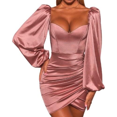2021 New Fashion Garment Pleated Sexy Satin Dresses Autumn Winter Women Slim Robe Sheath Long Lantern Sleeves Bodycon Dress