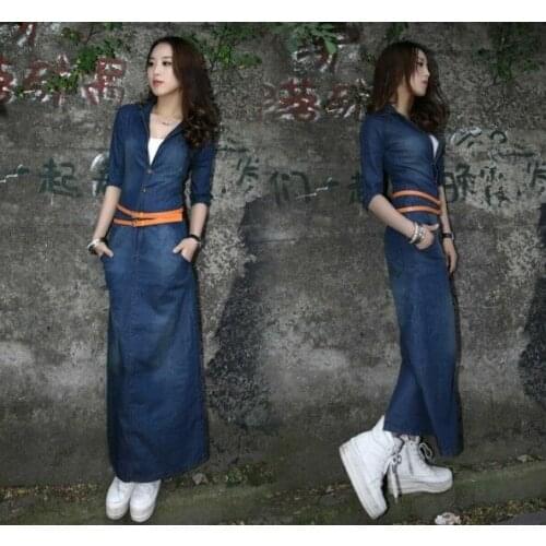 Womens Slim dress Washed Denim Dress Casual Long Jean With Belt Long Sleeve