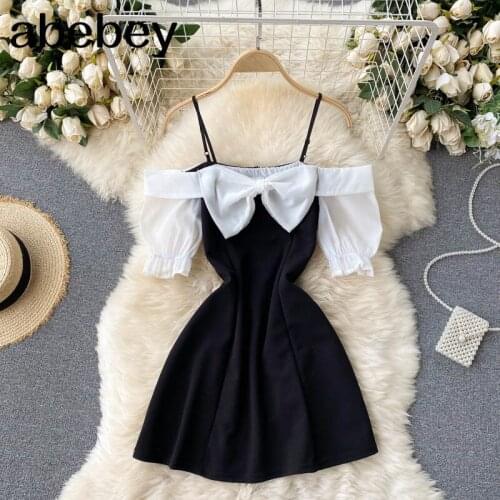 Women Backless Strap Dress KoreanBow Sleeveless Solid A-line Dresses Summer Sexy Off Shoulder Beach Short Dress