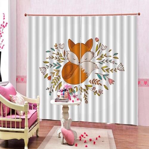 Animal Watercolor Sleeping Fox Window Curtains Dark Bedroom Blackout Fabric Drapes Decor Kids Curtain